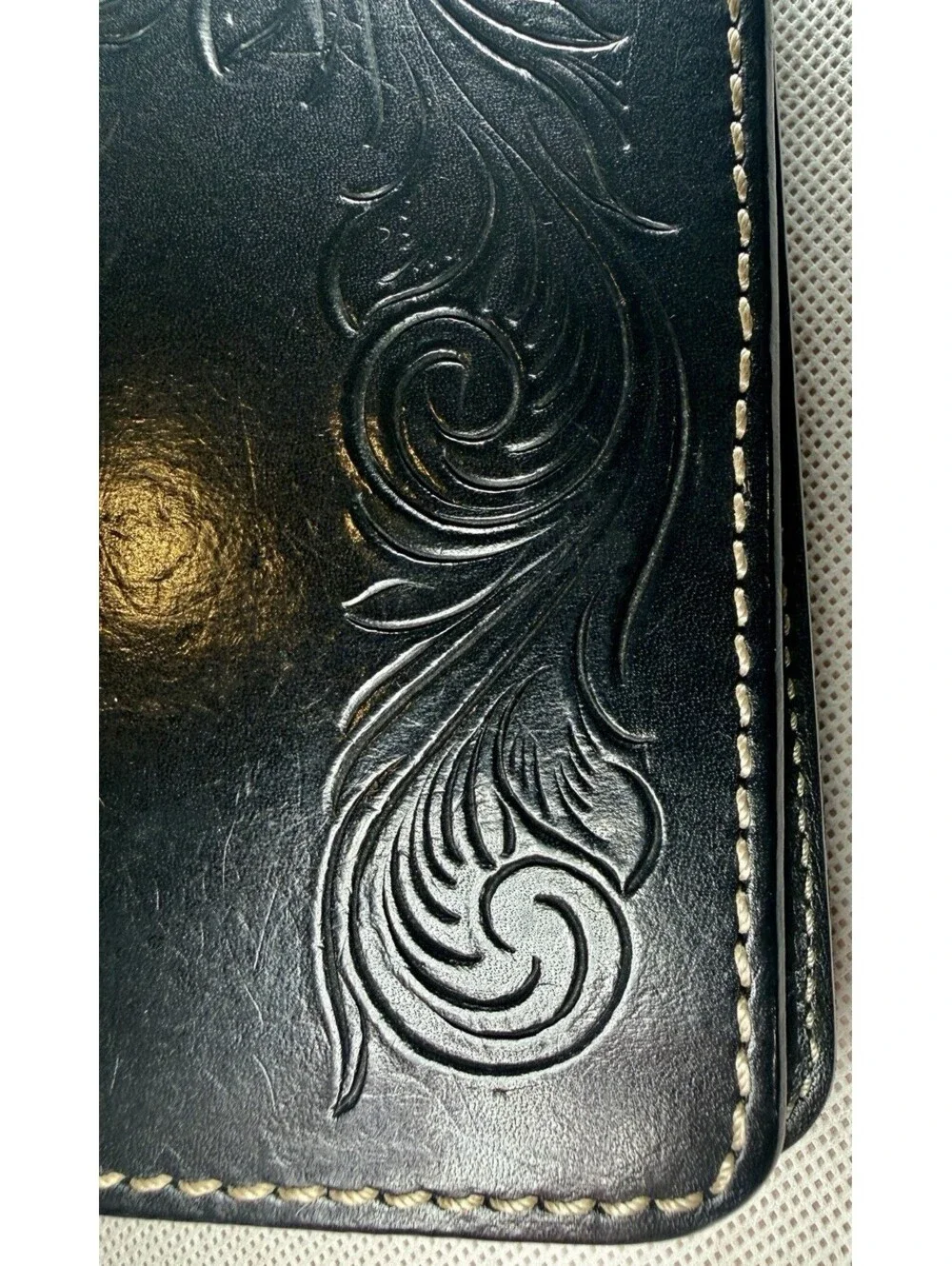 FUNNY Japan Vintage Hand Carved Black Leather Mid Wallet Western Tooled Biker